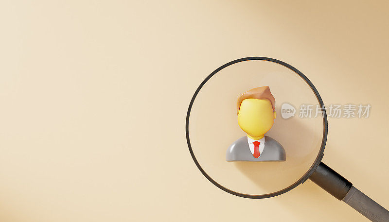 magnifying glass focused on person. looking for employee. Human resources concept, target market and audience, focus group. copy space. 3d rendering